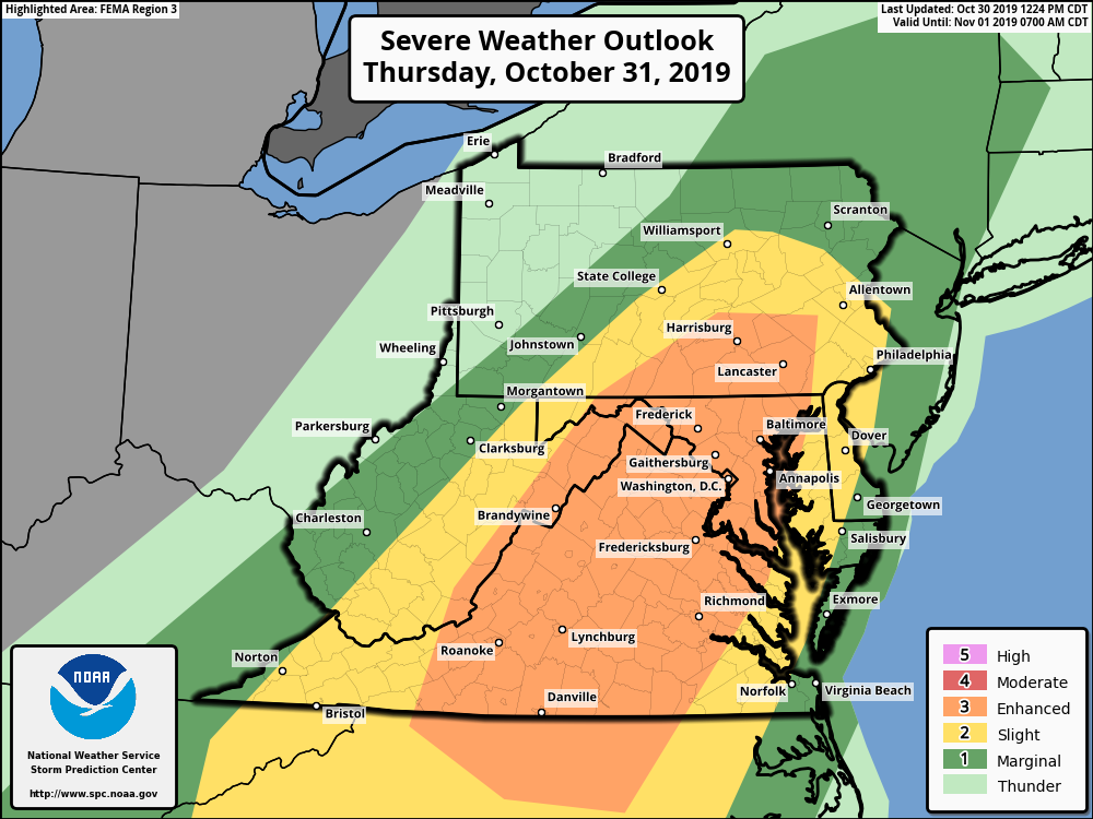 NOAA’s Storm Prediction Center (SPC) has placed much of the Mid-Atlantic region in an “enhanced” risk area (orange) of severe weather on Thursday/Thursday night. Map courtesy NOAA