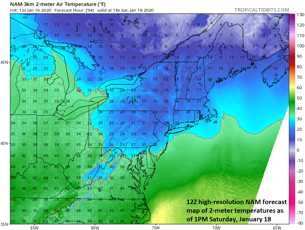 11:20 AM (Thursday) | ***50 mph wind gusts possible today in the Mid-Atlantic region as cold and very dry Arctic air arrives…sets the stage for a frozen precipitation event on Saturday***