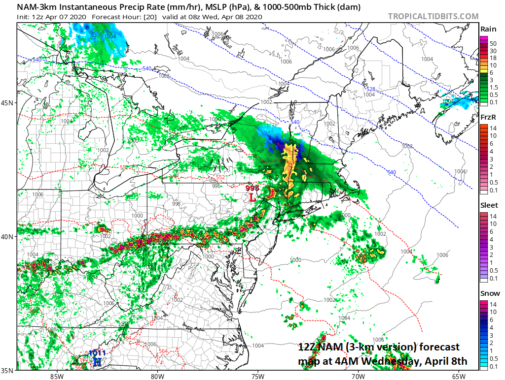 1:00 PM (Tues) | *Very active weather pattern setting up as cold air outbreaks continue through April…begins later today/tonight in the Mid-Atlantic with potential strong-to-severe thunderstorms*