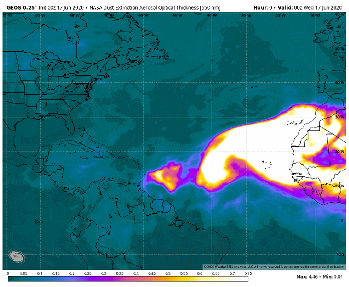 10:15 AM (Thurs.) | *Sahara Desert dust is pushing across the Atlantic and it should reach all the way into the southern US…an inhibiting factor for tropical activity...possible brilliant sunsets*