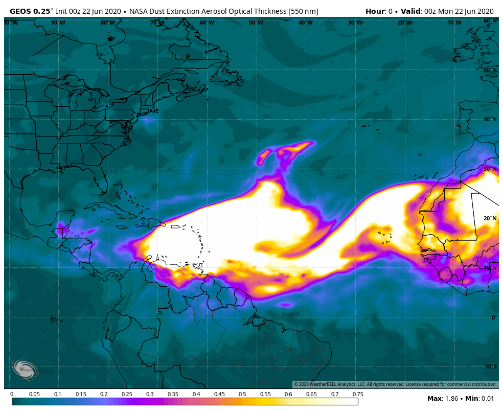 12:10 PM (Tuesday) | *Massive dust plume has reached the Caribbean Sea turning skies brownish…it could eventually reach all the way into the Mid-Atlantic region*