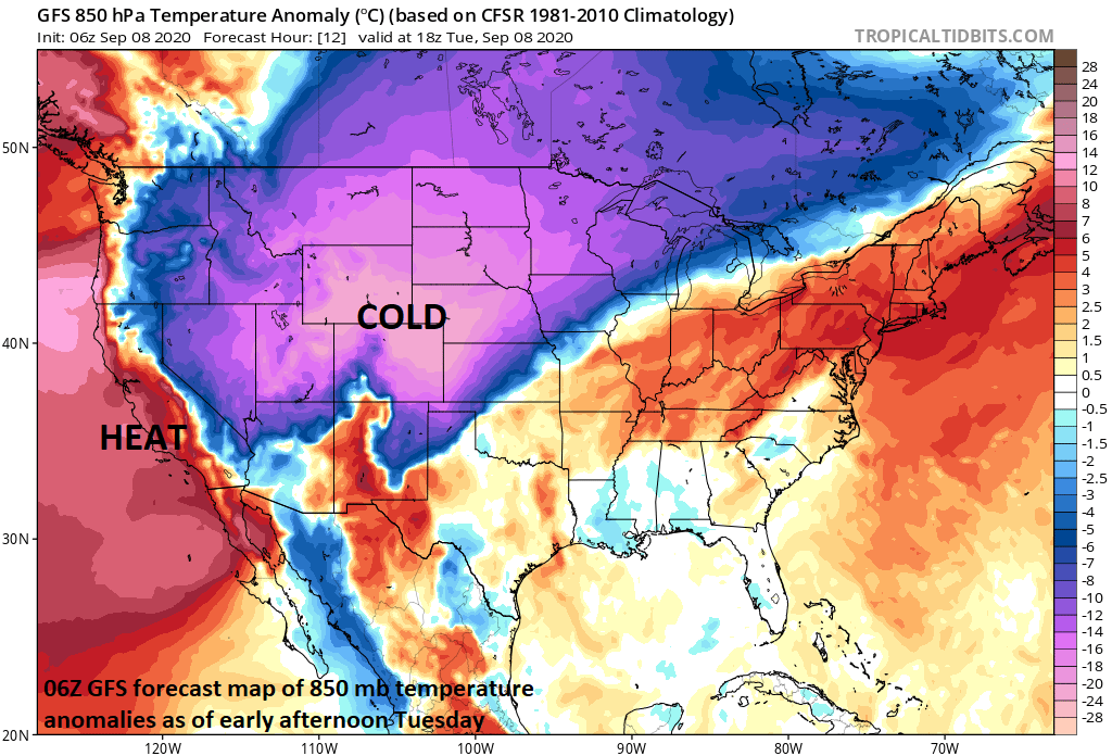 Well below-normal temperatures extend today from the Rockies to the Northern Plains with heat continuing along west coast and in the Southwest US. Map courtesy NOAA, tropicaltidbits.com