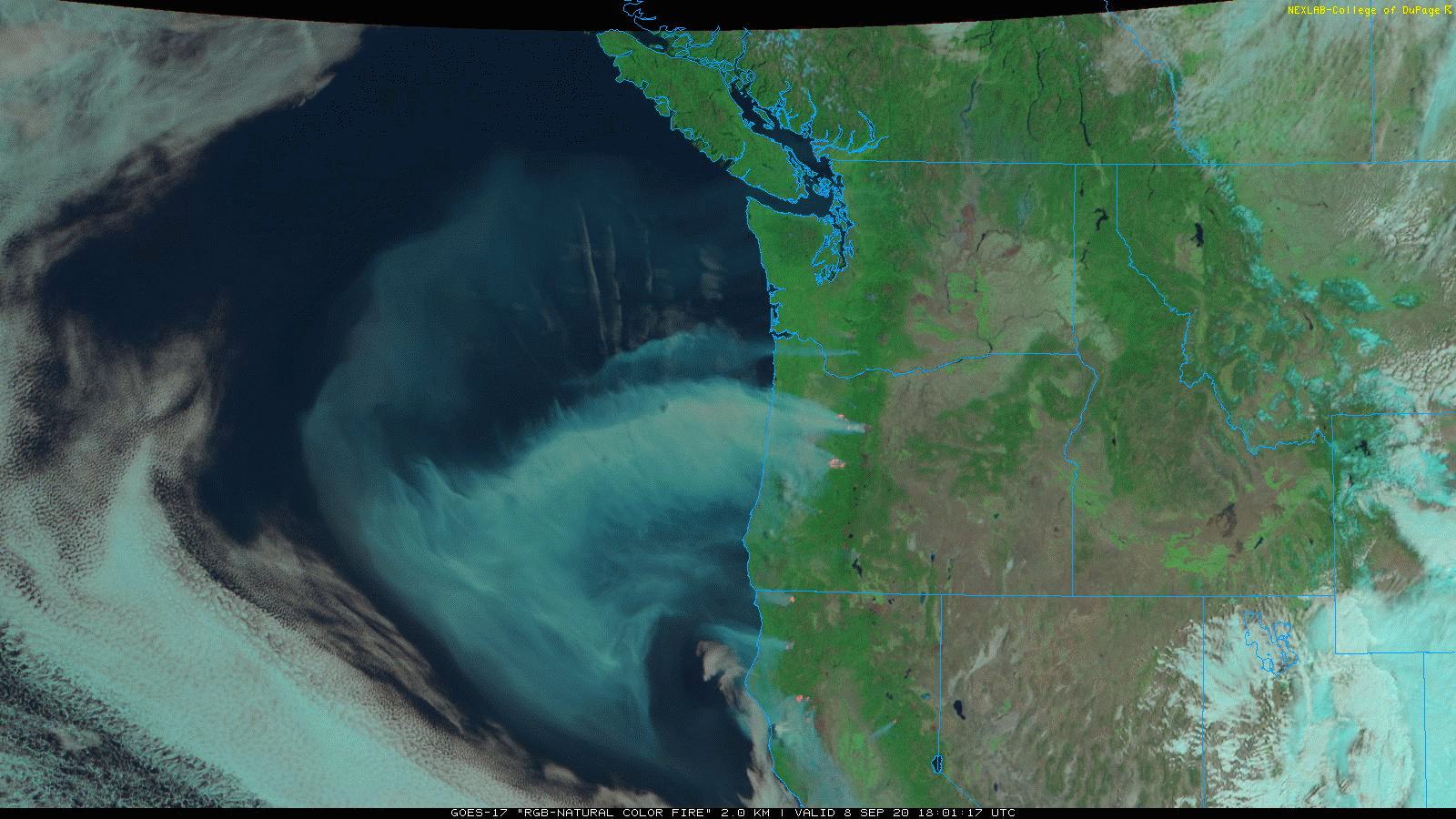 Easterly winds along the west coast are pushing smoke from wildfires to the Pacific Ocean from Washington, Oregon and California. Images courtesy NOAA (GOES-16, “natural” color-fire), College of DuPage