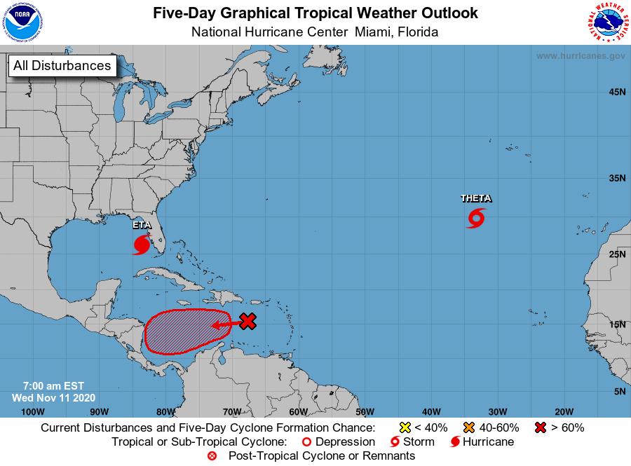 The Atlantic Basin remains active despite closing in on the middle of November with Eta, Theta and a new wave over the eastern Caribbean Sea.  Map courtesy NOAA/NHC
