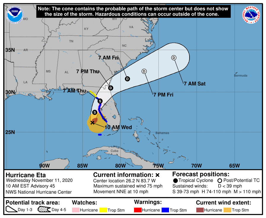 The expected track of Eta will bring it to a landfall near or north of Tampa and then across the northern part of the Florida Peninsula on Thursday. Map courtesy NOAA/NHC