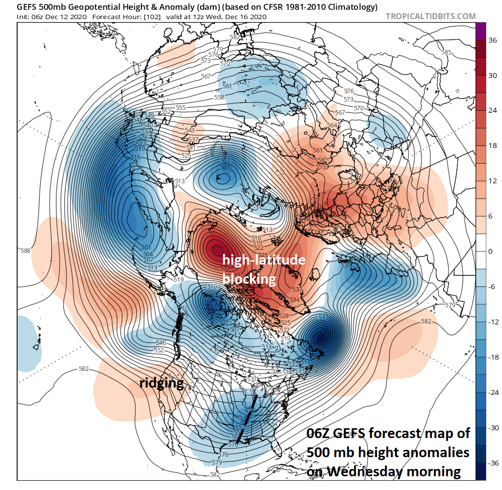 “High-latitude blocking” is likely to setup by the middle of next week in the same time period that two waves of energy will cross the south-central part of the US and move northeastward towards the Mid-Atlantic coastline. Strong high pressure is likely to build into the southeastern part of Canada and it’ll act as an important cold air source; especially, by the “mid-week event”. Map courtesy NOAA, tropicaltidbits.com