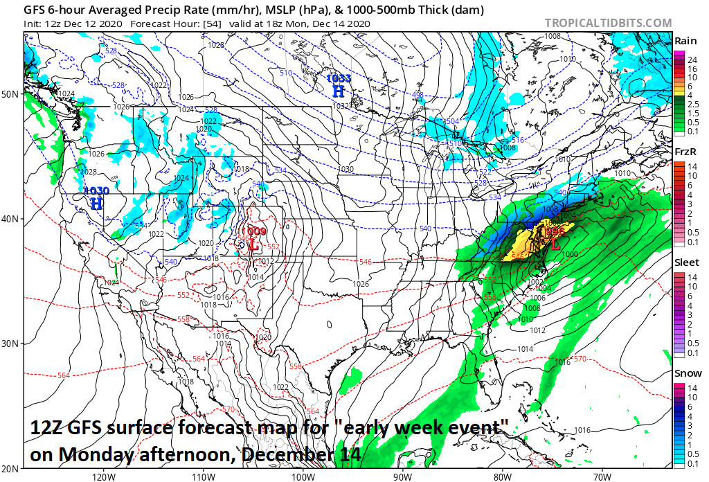 Low pressure on Monday is likely to result in a rain-changing-to-snow scenario; especially, in areas to the north and west of I-95. Map courtesy NOAA, tropicaltidbits.com