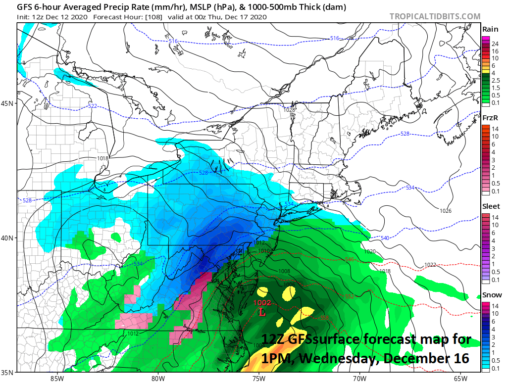 A cold air source to the north will be better established by the “mid-week event” with strong high pressure situated over southeastern Canada. Map courtesy NOAA, tropicatidbits.com