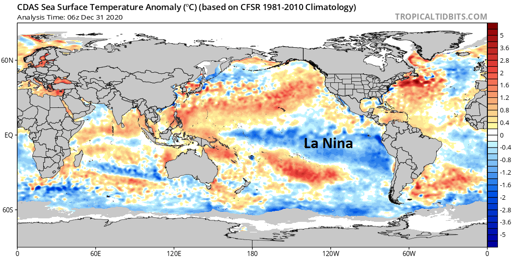 La Nina conditions continue in the equatorial part of the Pacific Ocean as we end the year 2020 with colder-than-normal sea surface temperatures (shown in blue). Map courtesy NOAA, tropicaltidbits.com