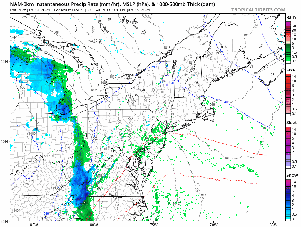 1:30 PM (Thursday) | *Cold front arrives tomorrow night with strong upper-level support…rain and a possible thunderstorm in the Mid-Atlantic…breezy and cold for the weekend with possible snow showers*