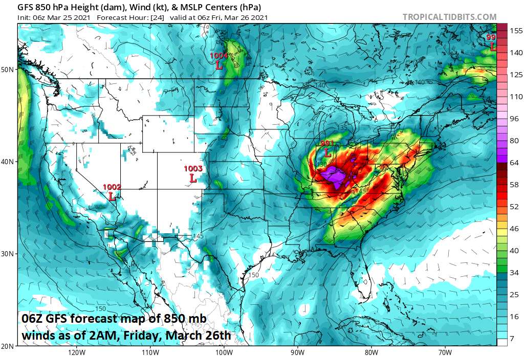 11:30 AM (Thurs) | *Numerous ingredients coming together for a severe weather outbreak from Deep South-to-Tennessee Valley-to-Ohio Valley…50+ mph wind gusts in the Mid-Atlantic region on Friday*