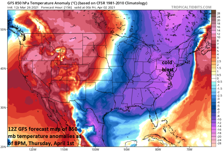 12:30 PM | **Major League cold blast arrives just in time for baseball’s Opening Day on Thursday in many places such as D.C., Philly, New York City and Boston…snow is even on the table**
