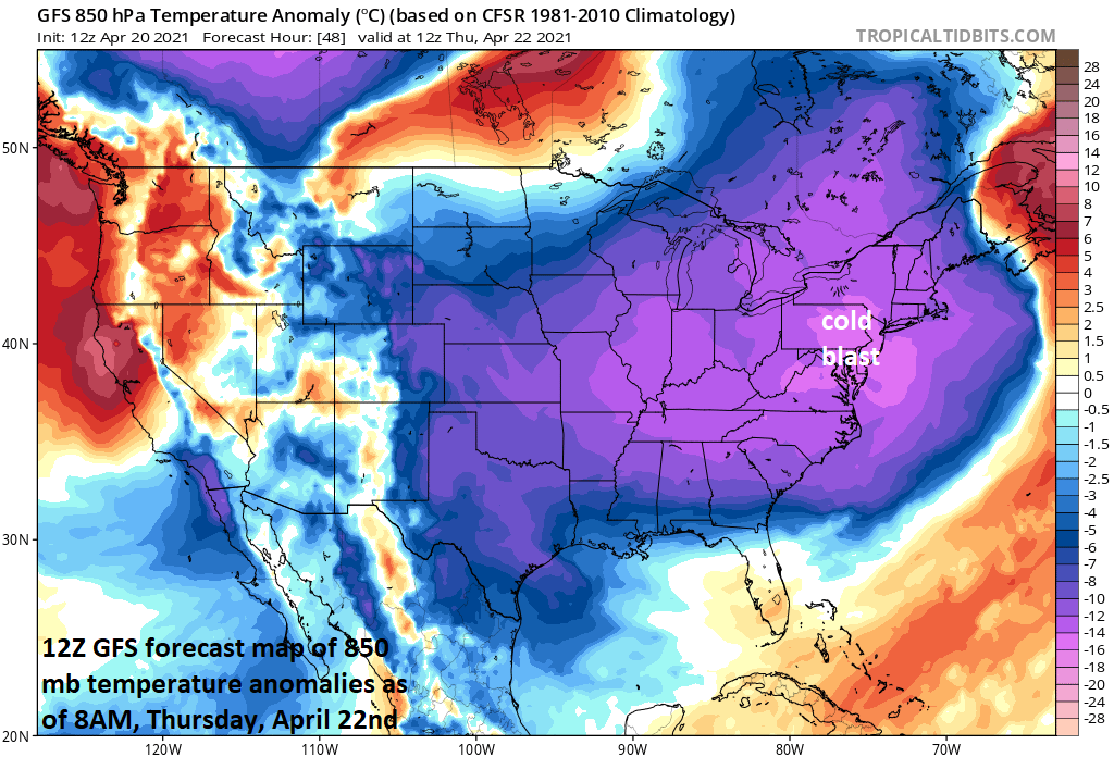 2:45 PM (Tuesday) | ***A possible strong-to-severe thunderstorm later tomorrow as cold blast arrives…temperatures to drop to near freezing in many locations by early Thursday***