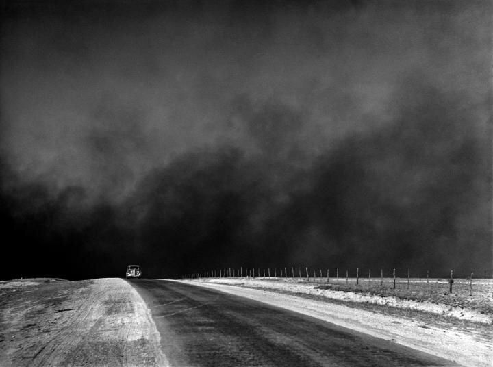 Photograph of a dust storm captured in the Texas Panhandle during March 1936. When the drought and dust storms showed no signs of letting up, many people abandoned their land. The Dust Bowl exodus was the largest migration in American history. By 1940, 2.5 million people had moved out of the Plains states of which 200,000 moved to California. Courtesy    PBS
