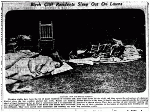 Image from the July 14, 1936 (Toronto)    Evening Telegram    showing “Birch Cliff” neighborhood &nbsp;residents sleeping outdoors     &nbsp;