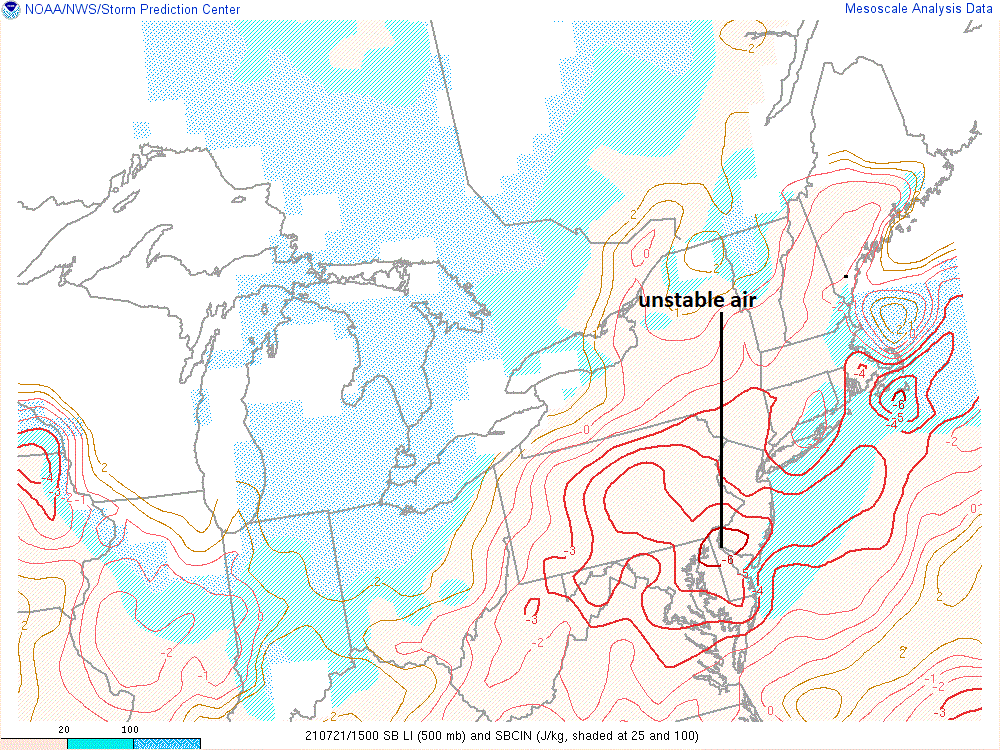 12:15 PM | *Strong-to-severe thunderstorm threat along and east of Route I-95…very unstable air now centered over the Delmarva Peninsula/southern NJ...atmosphere will be "cleansed"*