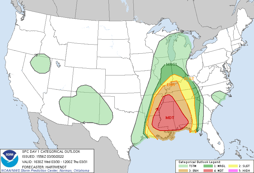 11:30 AM | ****Severe weather outbreak in the Deep South, Tennessee/Ohio Valleys...damaging wind gusts and tornadoes a high risk…threat shifts east on Thursday...cold air outbreaks to continue****