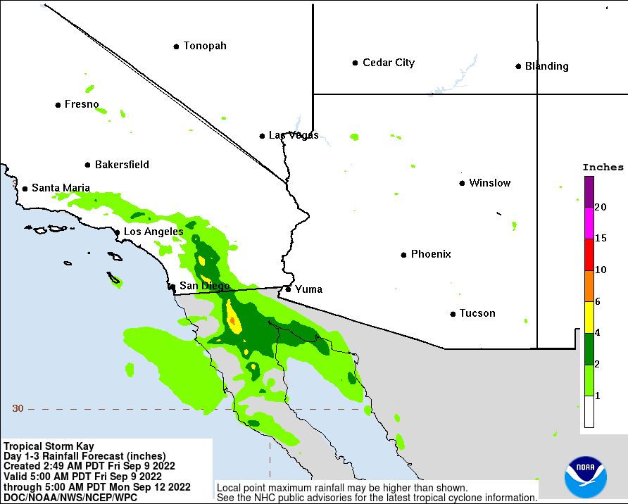 9:45 AM  | **Heavy rain, strong winds to impact southern California and a dramatic end to the excessive heat...Kay now a tropical storm pushes away from the Baja coastline**