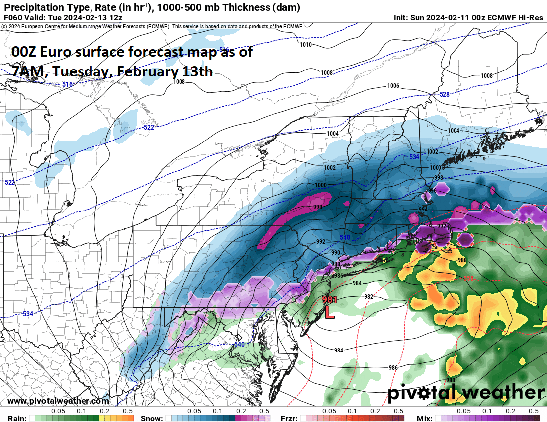 8:00 AM (Sunday) | ****Rain-to-snow scenario in much of the Mid-Atlantic from later Monday night into Tuesday…accumulations across PA, central/northern NJ, NYC****
