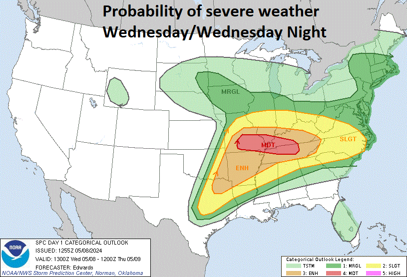 10:45 AM |  *Active weather pattern continues...severe weather threat focused today on the Middle Mississippi and Tennessee Valleys...shifts south and east on Thursday*