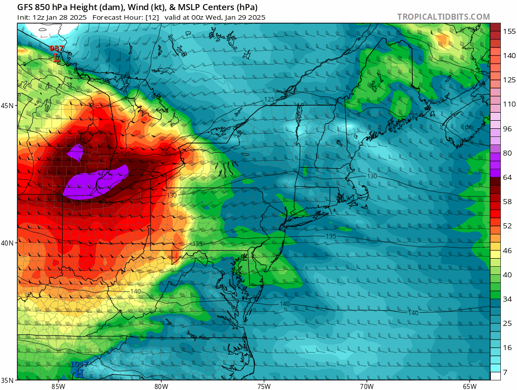 11:45 AM (Tuesday) | **Wind gusts of 50 mph possible late tonight and Wednesday in the Mid-Atlantic region associated with the next strong cold frontal system**