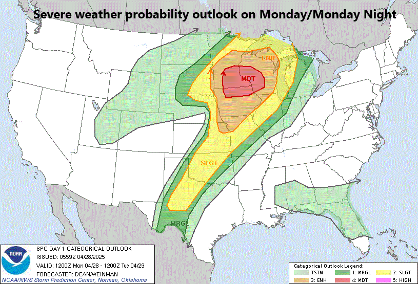 ***Severe weather threat later today/tonight focused on Minnesota, Wisconsin, Iowa and Illinois...additional cold air outbreaks and severe weather threats into early May***