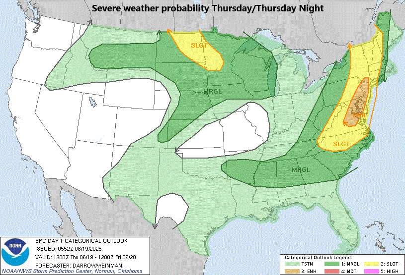 Thursday AM, June 19th - ****Severe weather threat later today/early tonight...an extended stretch of high heat and humidity****