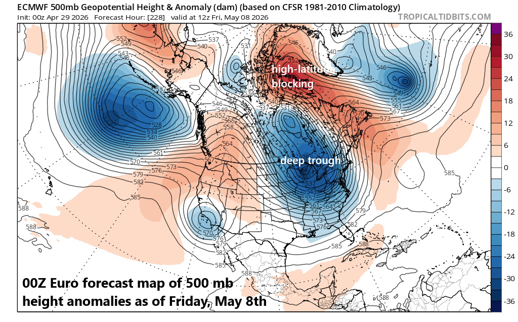 **Cooler-than-normal pattern across much of the eastern half of the nation to at least the middle of May...cooler pattern will come with multiple rain opportunities**