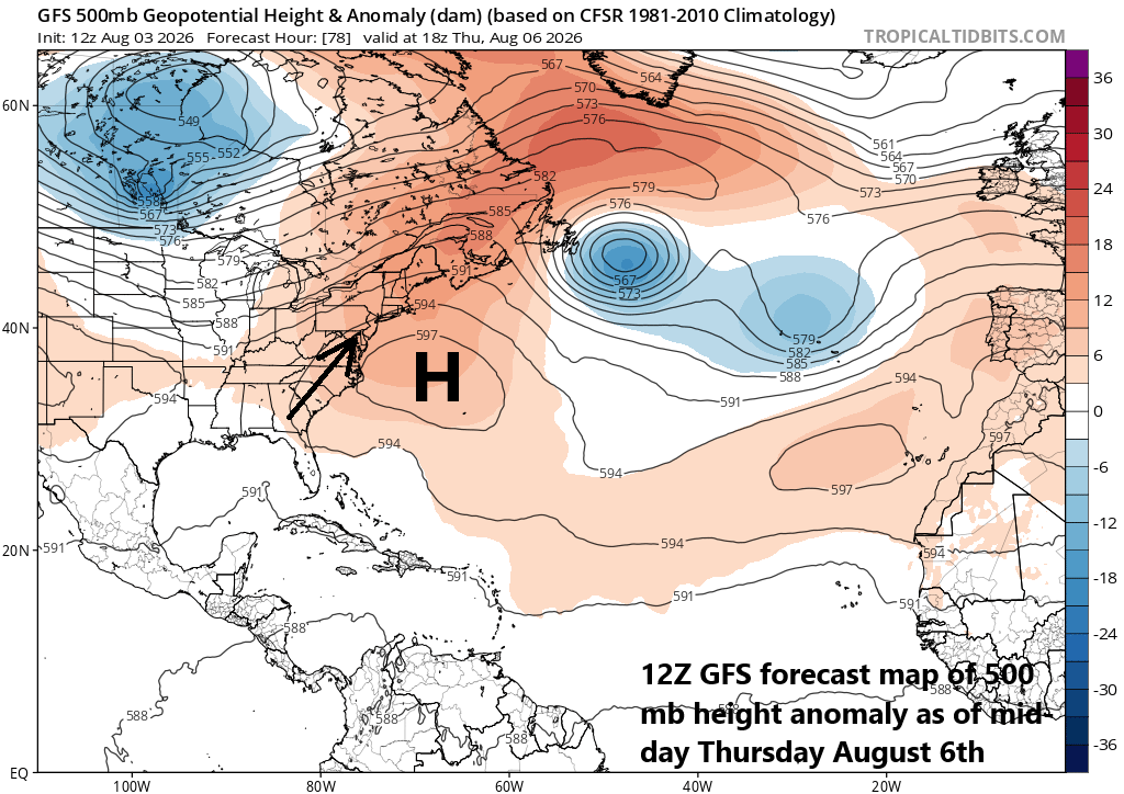 *”Bermuda-high” weather pattern setting up for the eastern states...warm, humid conditions to dominate from mid-week through the weekend with a daily shot of showers and thunderstorms*
