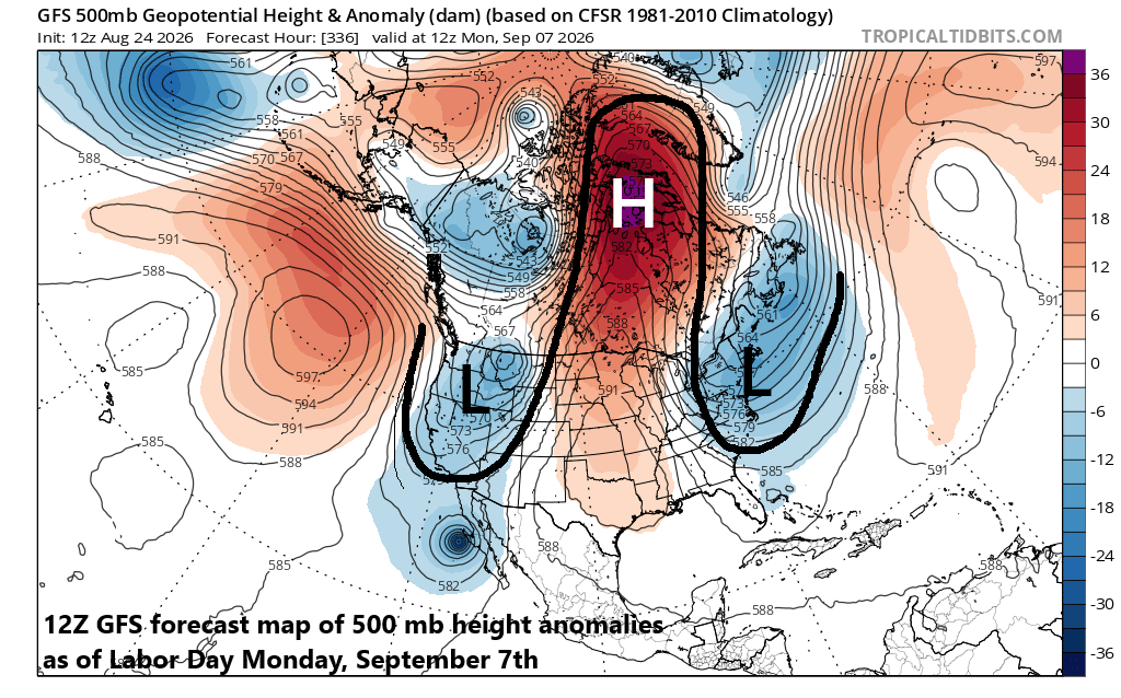 *Hints of an “omega” blocking pattern as we approach Labor Day weekend...an upper-level trough centered over the NE US would limit chances of sustained heat as summer winds down*