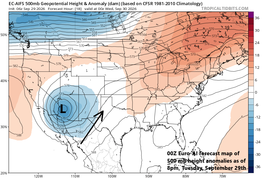 **Tropical moisture from the remnants of an eastern Pacific hurricane to combine with an upper-level low to produce a heavy rain event for much of Southwest and Central US**