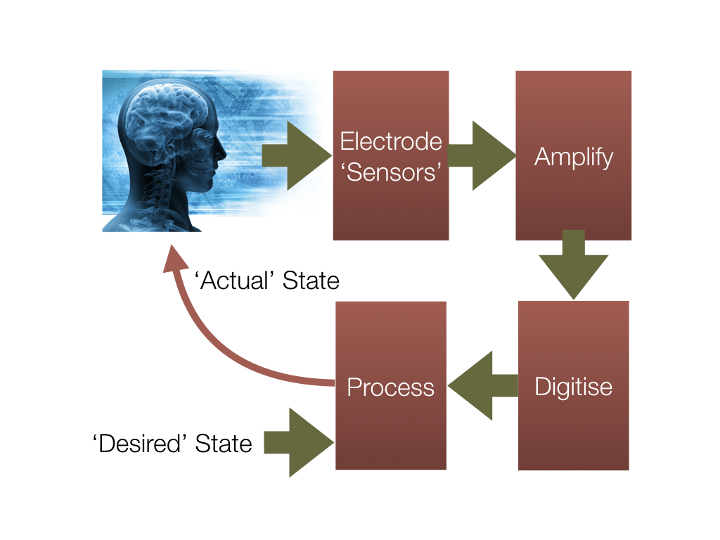 The Neurofeedback approach is a learning process - the client learns to change their brain and mind-body state reflected in their EEG