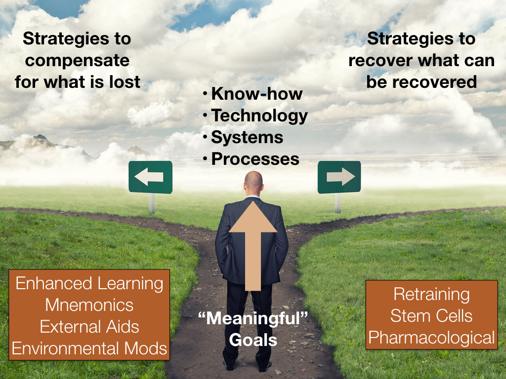 Effective therapy fpr cognition should use both restitution and compensation strategies as neccessary. RehaCom and neurofeedback are examples of restitution approaches