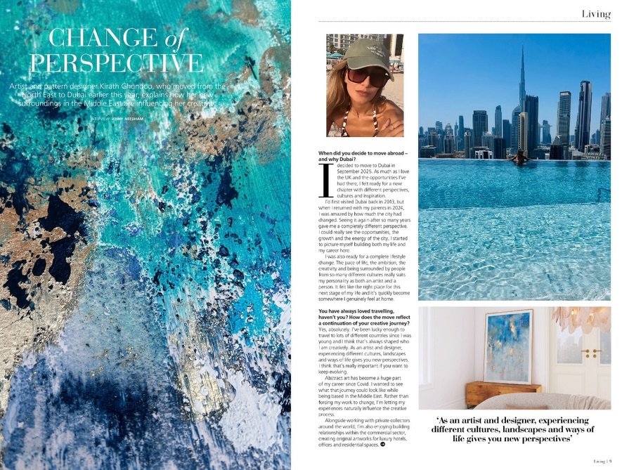 Thank you @northeastlivingmagazine for this beautiful 4-page spread, out in print today 💙

It was a lovely opportunity to talk about my recent move from the UK to Dubai, my art career and the shift in perspective that comes with stepping outside you