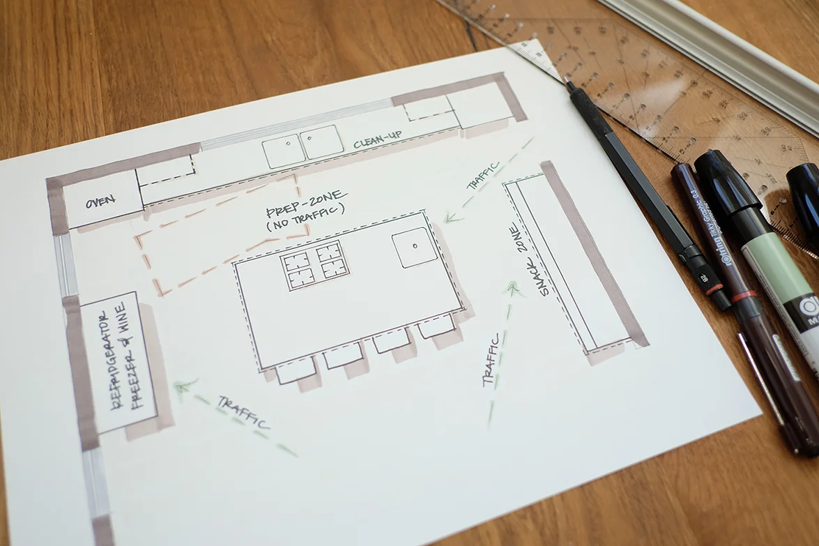 Instead of the work triangle, it becomes more and more common to utilize work zones in today’s kitchens. If you like to entertain, you know how important it is to give your guests a place to hang out and perch while you’re preparing food. It’s even better when there’s extra work space for them to help.