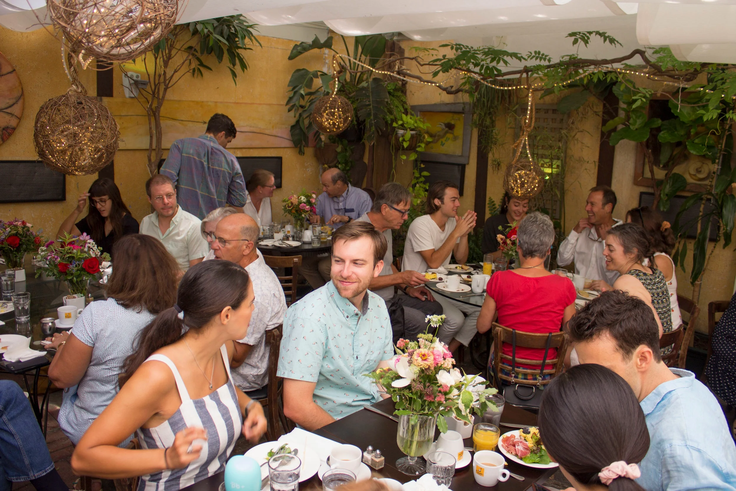 People gathered for a meal in a decorated indoor space with plants and golden hanging light fixtures, sharing conversations and enjoying food.