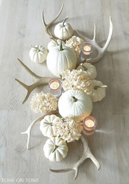 white hydrangeas, pumpkins and a few faux or real deer horns makes this motif beyond simple and elegant!