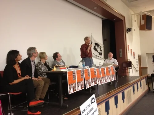 At the "Howard Zinn Read In" at Purdue. From Left: Tithi Bhattacharya, Anthony Arnove, Ann Wright, Alex Lichtenstein, Staughton Lynd and James Lowen. 2013.