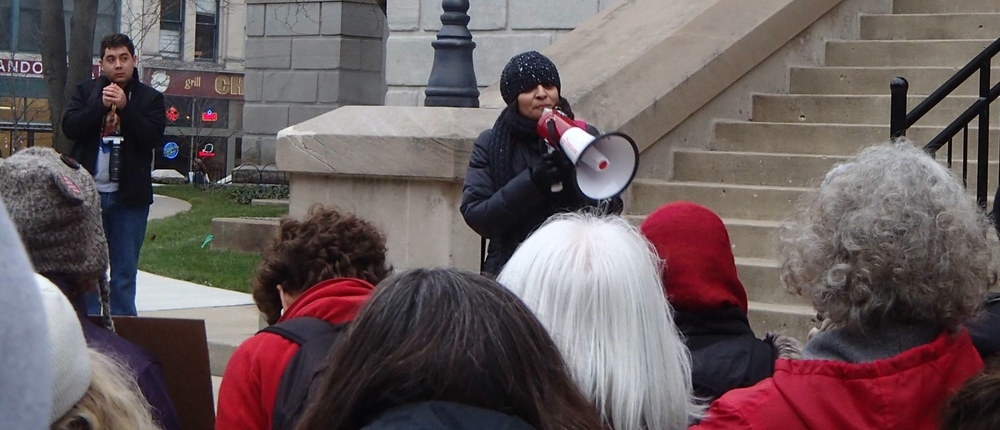   Speaking at a Refugees are Welcome Rally, Lafayette, Indiana, 2015.  