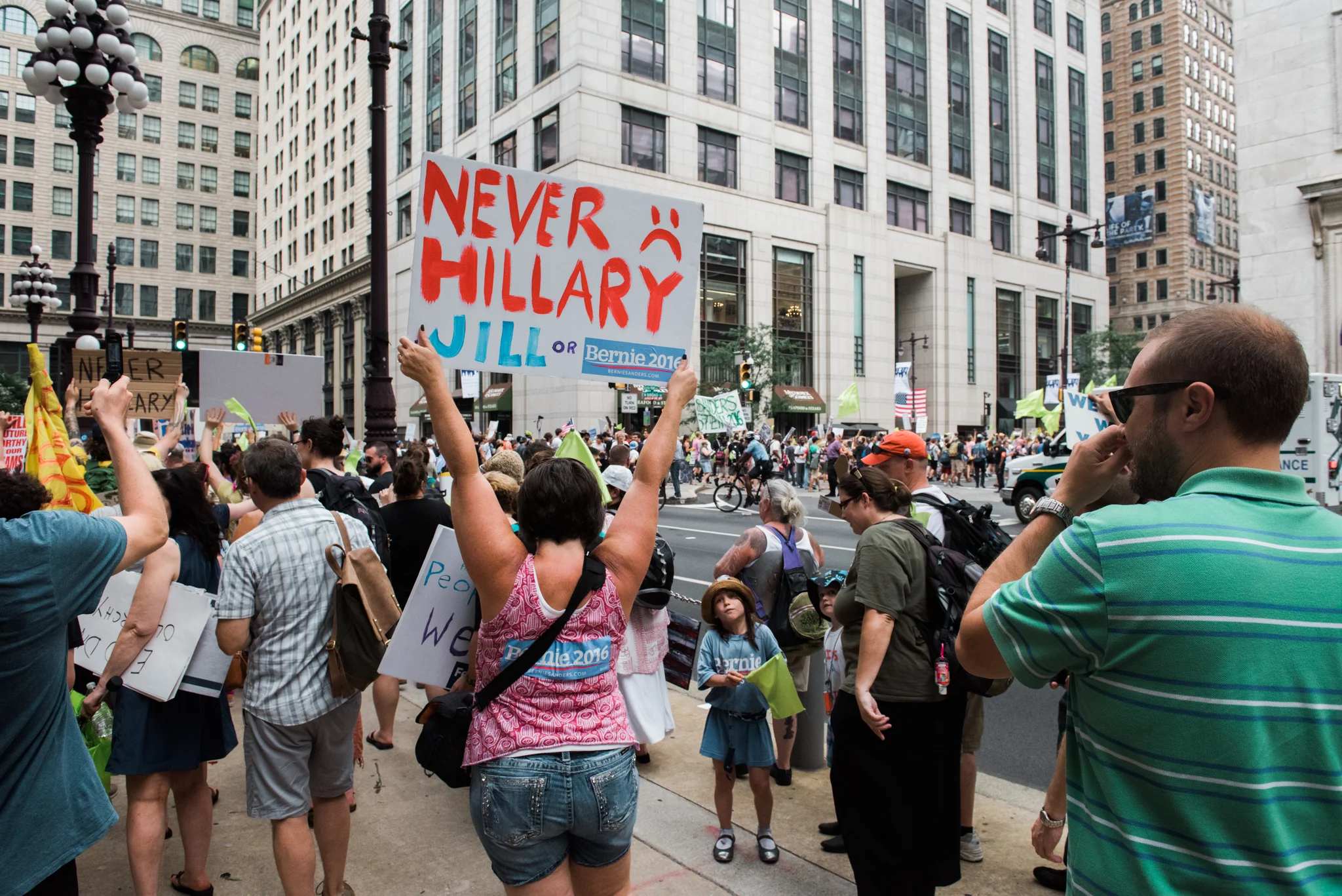 Many supporters of Senator Bernie Sanders came to Philadelphia for the DNC, not to show their support to the Democratic Party and its Convention, but to protest items that came to light with #DNCleak. People of all ages, young and old, gathered by Philadelphia City Hall on July 25 to march and protest the Democratic National Committee.