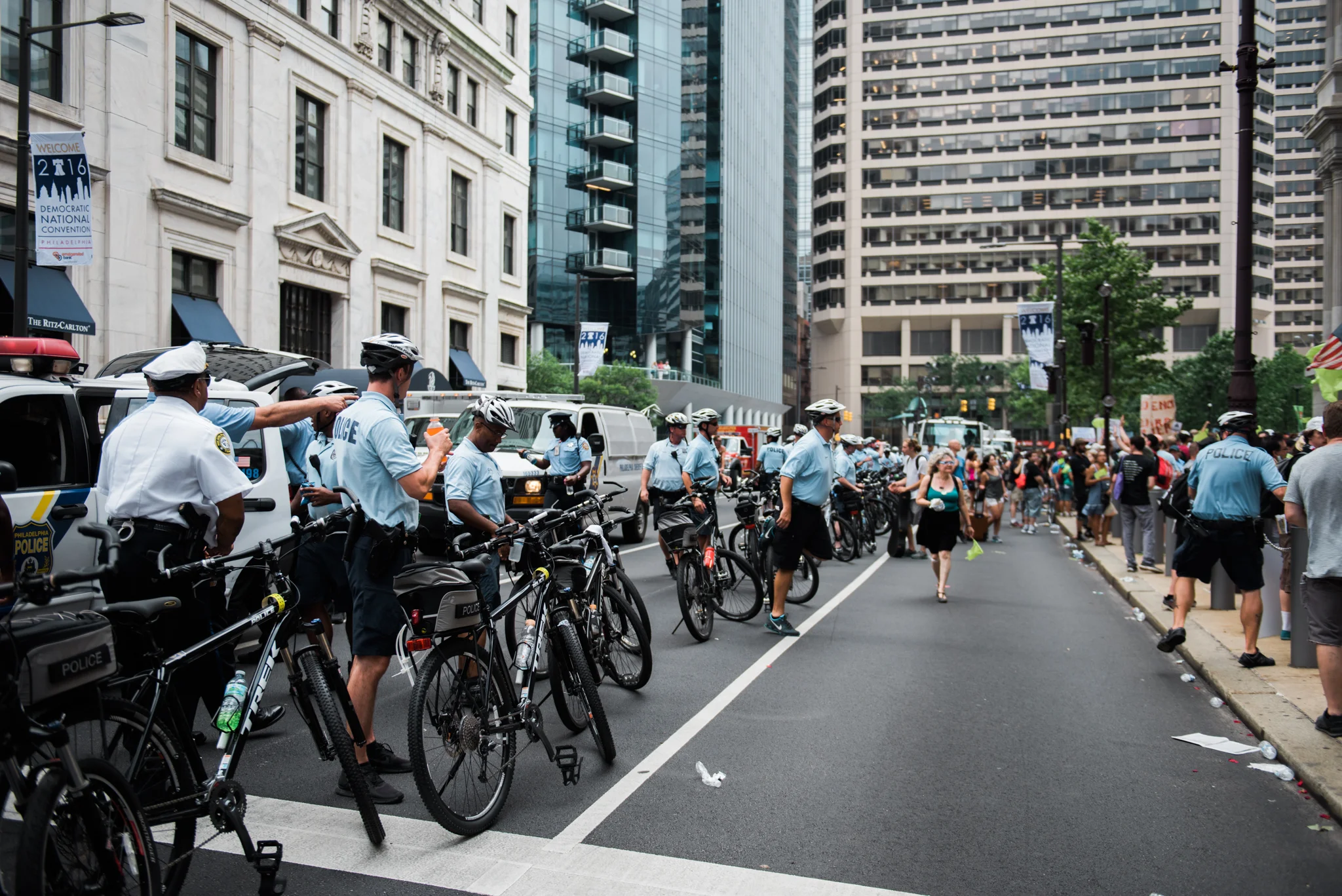 Philadelphia Police were very present throughout the DNC. The police were very well organized and professional - answering questions by puzzled locals and defusing situations between rival protesting groups. Here the police line up to keep march participants near the sidewalk until the protest from Philadelphia City Hall to Wells Fargo Center began.