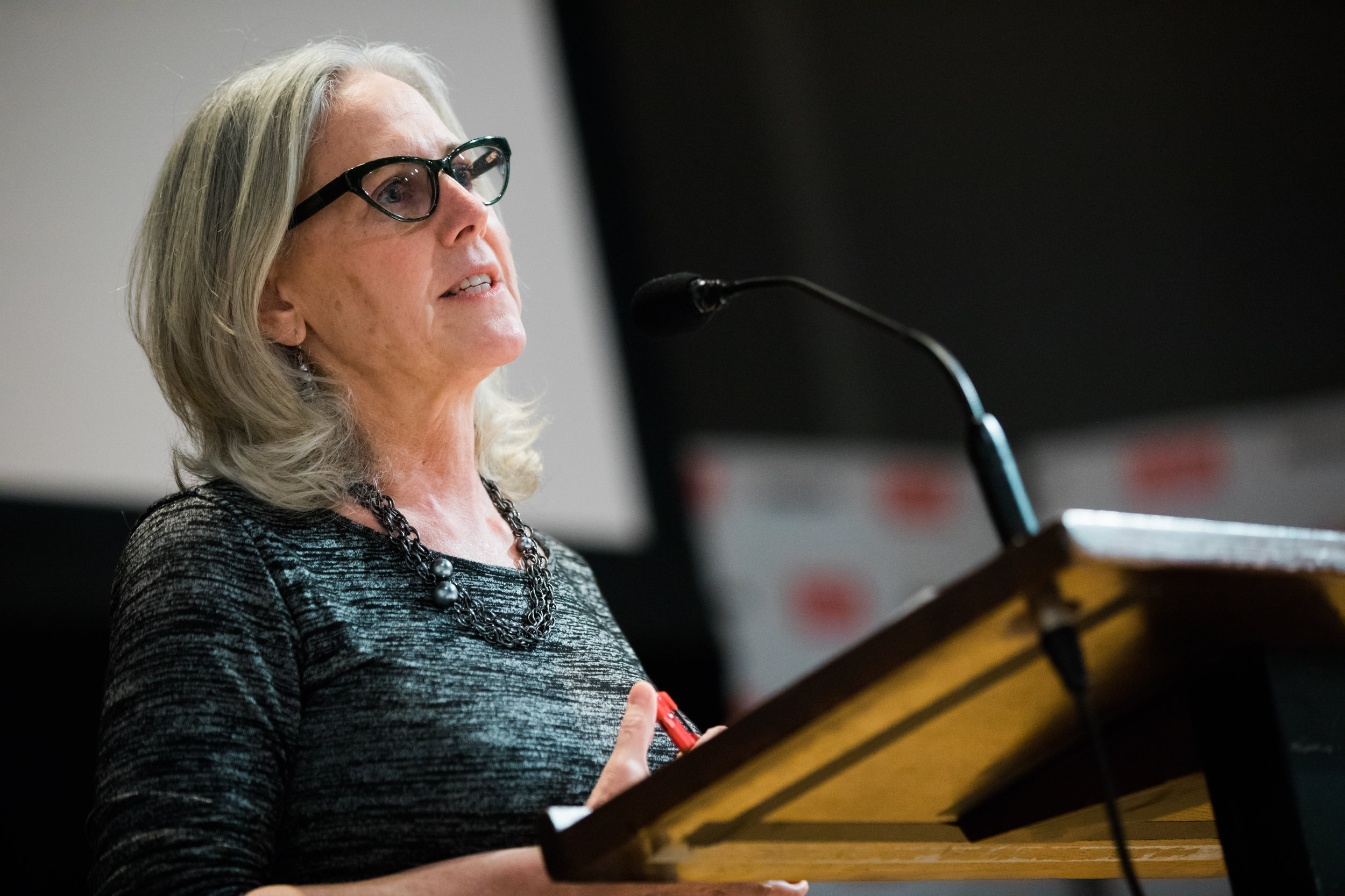  President Serene Jones addresses members and guests to Union Theological Seminary during one of UTSNY's Faith In America talks. Photo by Daniel Lee. 