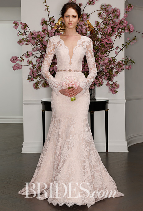 Blush La Vie En Rose lace gown with deep V-illusion neckline and illusion long sleeves, Legends by Romona Keveza