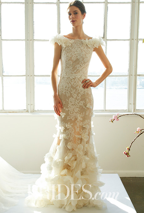 Fit-and-flare corded lace wedding gown with 3D silk organza rose tulle overlay and 3D roses on shoulder, Marchesa