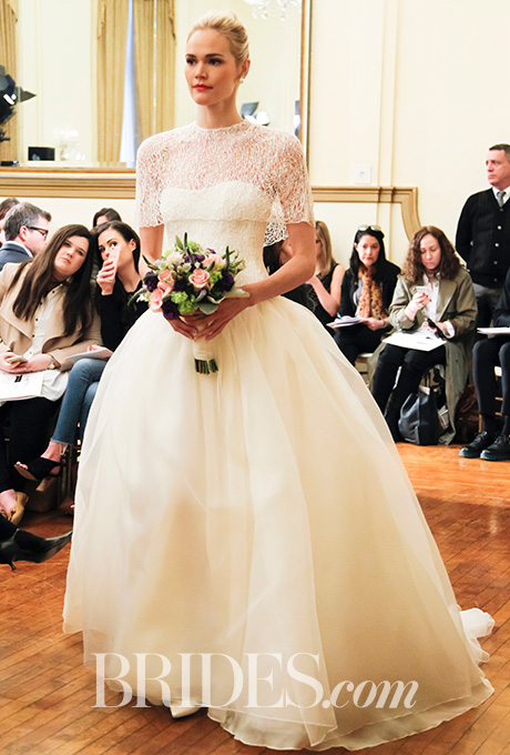 "Corinne" ball gown in silk organza with bodice and cape of lace by Peter Langner