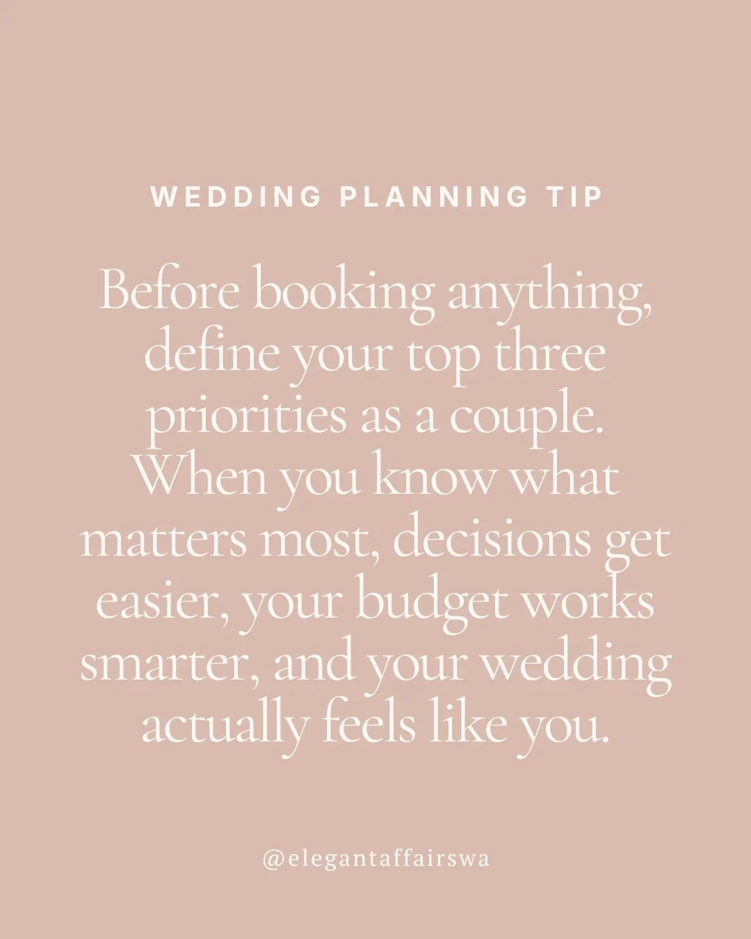 STOP planning your wedding without this 👇

Before you book anything, sit down and choose your top 3 priorities.

Not your mom&rsquo;s.
Not Pinterest&rsquo;s.
YOURS.

Because every decision you make should support what matters most to you.

Skip this