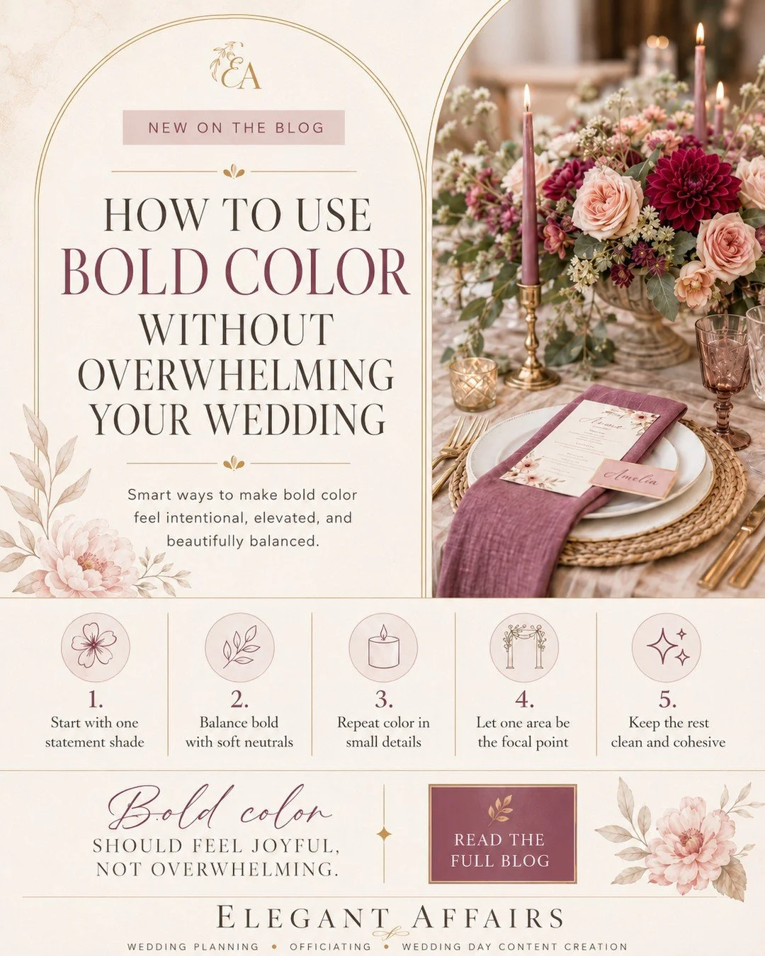Bold color at your wedding? Yes, please.

But let&rsquo;s be clear&hellip; bold does not mean throwing every color you love into one design board and hoping for the best. That&rsquo;s not a wedding palette. That&rsquo;s a group project with no leader
