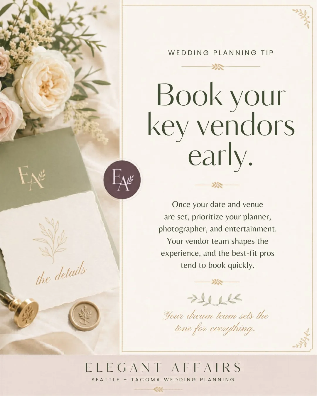 Book your key vendors early. Trust me on this one. 

Once your date and venue are officially locked in, it&rsquo;s time to start building the team that will bring your wedding day to life.

Your planner, photographer, entertainment, florist, beauty t