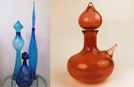On the left, three of my vintage decanters from the 1950s at Blenko. Photo courtesy of Tammy Roberts. On the right, "Night in Tunisia" Genie Decanter from my new Jazz in Glass series. Photo by Linda Husted.