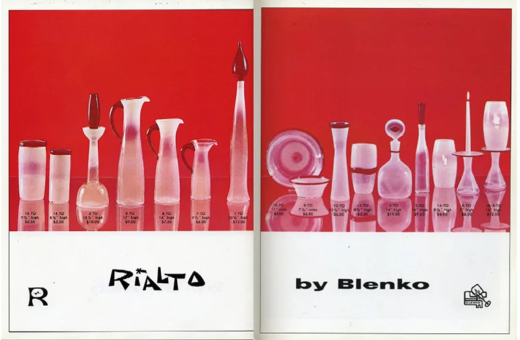 The spread from the 1960 Blenko catalog that features the Rialto line. Note the "here's looking at you" bottle, fourth from the right, with the red eye on the stopper.